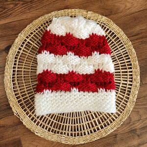 Cozy Striped Knit Beanie Red & White Huskers Themed